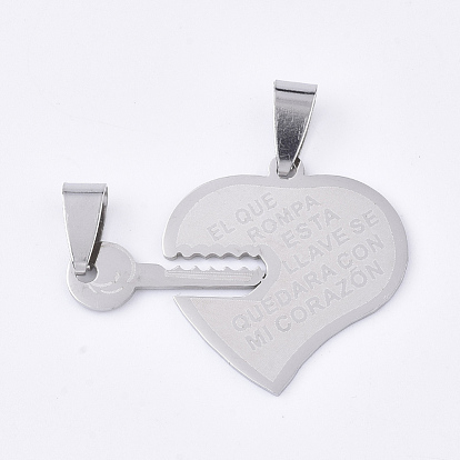 201 inoxydable pendentifs fendus en acier, pendentifs devis, coeur et clé avec mot
