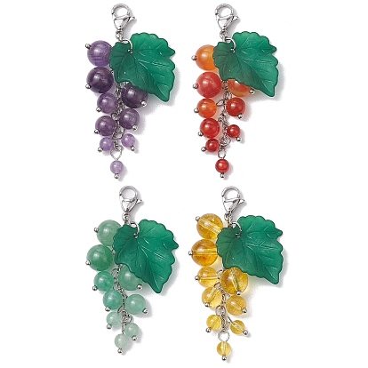 Grape Natural Amethyst & Carnelian & Red Agate & Green Aventurine & Synthetic Citrine Pendant Decorations, Acrylic Leaf & Lobster Claw Clasps Charms, for Bag Key Ornaments
