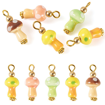 5pcs pendentifs en porcelaine faits à la main, charme de champignon, avec boucle en fer, or