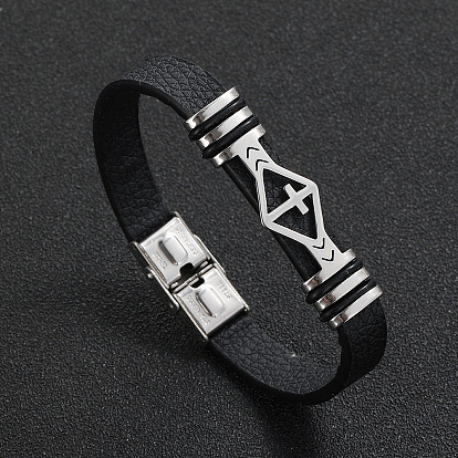 Hollow Cross Titanium Steel Link Bracelet, Men's Leather Bracelet
