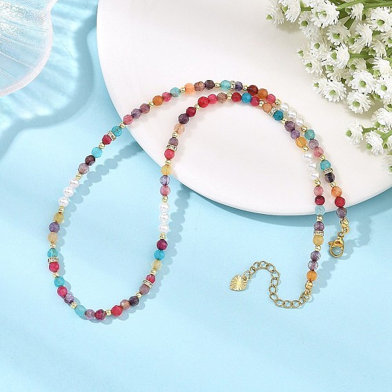 Natural Agate(Dyed & Heated) Faceted Round & White Round Shell Pearl Beaded Necklaces, Golden