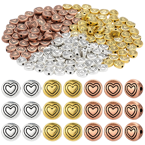 180Pcs 3 Colors Tibetan Style Alloy Beads, Lead Free & Cadmium Free, Flat Round with Heart