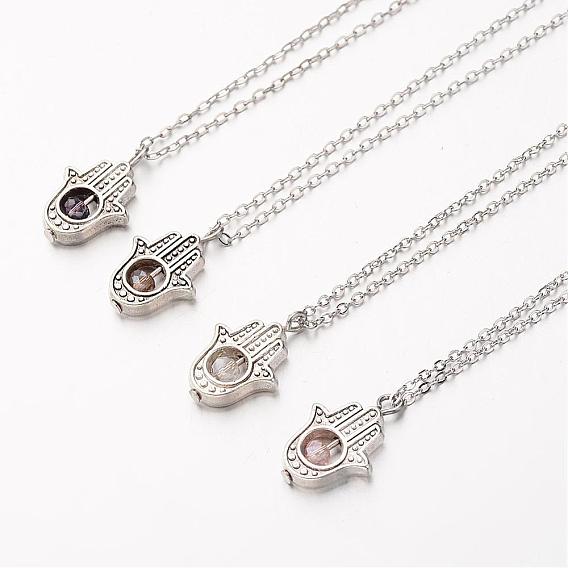 Tibetan Style Alloy Pendant Necklaces, with Glass Beads, Brass Cable Chains, Hamsa Hand/Hand of Fatima/Hand of Miriam, 17.72 inch