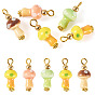 5pcs pendentifs en porcelaine faits à la main, charme de champignon, avec boucle en fer, or