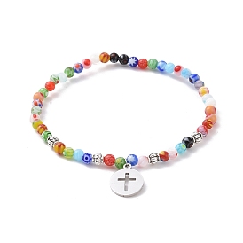 201 Stainless Steel Charm Stretch Bracelets for Halloween, with Alloy Beads and Millefiori Glass Beads, Flat Round with Witch