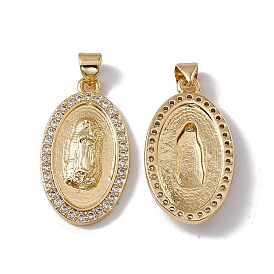 Brass Micro Pave Clear Cubic Zirconia Pendants, Cadmium Free & Nickel Free & Lead Free, Rack Plating, Oval with Virgin Pattern