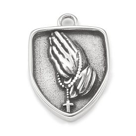 304 Stainless Steel Pendants, Shield with Praying Hand Pattern