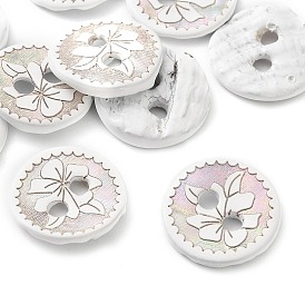 Laser Flower Pattern Natural Abalone Shell/Paua Shell Buttons, 2-Hole Flat Round