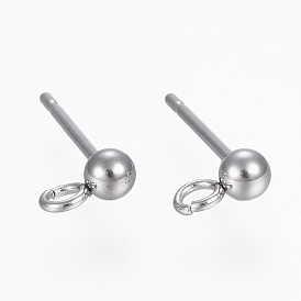 304 Stainless Steel Ball Stud Earring Post, Earring Findings, with Loop, Round