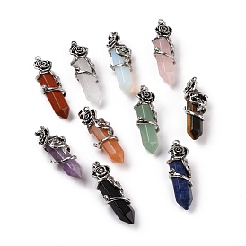 Natural & Synthetic Gemstone Pointed Big Pendants, with Antique Silver Tone Rose Alloy Findings, Cadmium Free & Lead Free, Faceted, Bullet Charm, Mixed Dyed and Undyed
