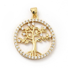 Rack Plating Brass Micro Pave Cubic Zirconia Pendants, Long-Lasting Plated, Lead Free & Cadmium Free, Round Ring with Tree of Life