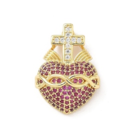 Латунные микропаве прозрачные подвески с фианитом, священное сердце с крестом, без свинца и без кадмия, долговечный, стойки покрытие, реальный 18 k позолоченный
