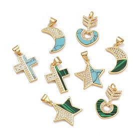 Brass Micro Pave Cubic Zirconia Pendants, with Synthetic Mixed Stone, Real 18K Gold Plated, Mixed Shapes