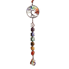 Chakra Theme Big Pendant Decorations, Hand Knitting with Natural Gemstone Beads and Stone Chips Tassel, Flat Round with Tree of Life