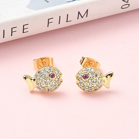 Серьги-гвоздики из латуни с микропаве из прозрачных кубических цирконий в форме рыб, стойки покрытие, без кадмия и без свинца