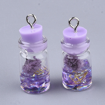 Glass Bottle Pendant Decorations, with Resin Rhinestone & Stopper, Dried Flower and Iron Findings, Platinum