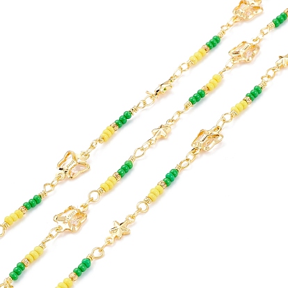 Handmade Brass Star & Butterfly Link Chain, with Brass & Glass Beads, Long-Lasting Plated, Soldered, with Spool, Golden