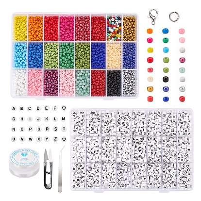 DIY Jewelry Set Kits, with Elastic Crystal Thread, Acrylic Letter Beads and Glass Seed Beads, Zinc Alloy Lobster Claw Clasps, Beading Tweezers and Sharp Steel Scissors