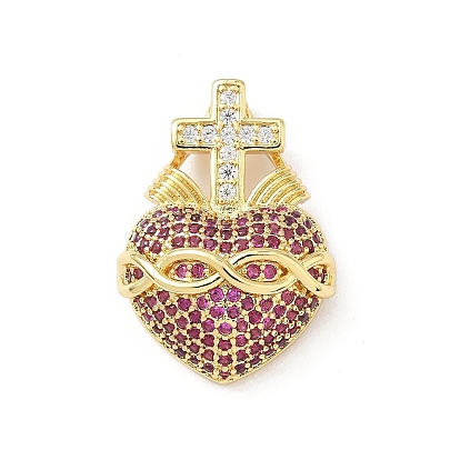 Латунные микропаве прозрачные подвески с фианитом, священное сердце с крестом, без свинца и без кадмия, долговечный, стойки покрытие, реальный 18 k позолоченный