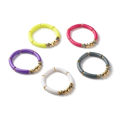 Candy Color Chunky Tube Acrylic Beads Stretch Bracelet, Natural Mashan Jade Beads Stone Bracelet for Women