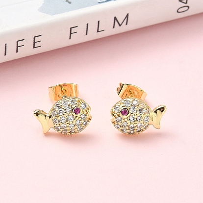 Серьги-гвоздики из латуни с микропаве из прозрачных кубических цирконий в форме рыб, стойки покрытие, без кадмия и без свинца
