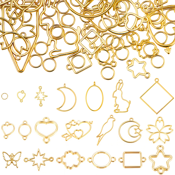 68шт 16 стили подвески из сплава с открытой спиной, для diy уф смолы, эпоксидная смола, Прессованные цветочные украшения, с 100железными прыгающими кольцами, разнообразные