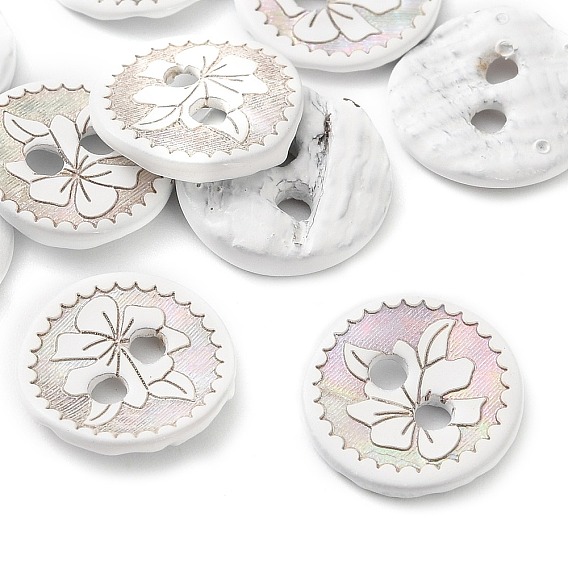 Laser Flower Pattern Natural Abalone Shell/Paua Shell Buttons, 2-Hole Flat Round