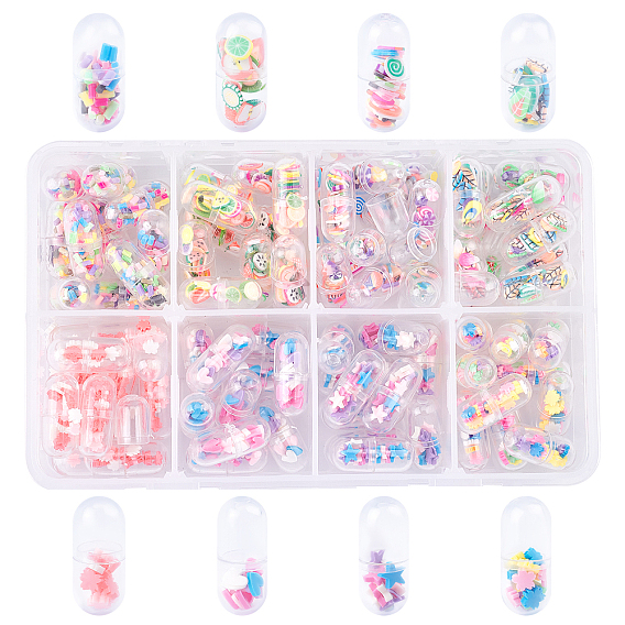 8 Colors Openable Transparent Plastic Capsule Container, with Handmade Polymer Clay Cabochons Inside, Pill