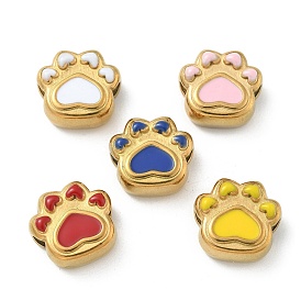 Ion Plating(IP) 304 Stainless Steel Beads, with Enamel, Real 18K Gold Plated, Cat Paw Print