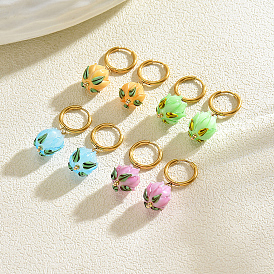 201 Stainless Steel Hoop Earrings, Flower, Glass Dangle Earrings for Women, Gloden