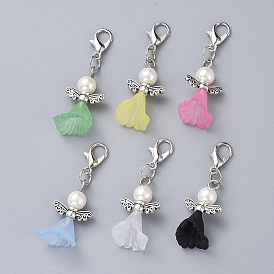 Acrylic Pendants, with Dyed Glass Pearl Beads, Zinc Alloy Lobster Claw Clasps and Alloy Beads, Angel