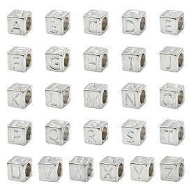 26 шт. 26 стили 304 европейские бусины из нержавеющей стали, бусины с большим отверстием, куб с письмом, цвет нержавеющей стали