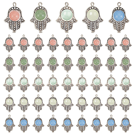 50Pcs 5 Colors Synthetic Luminous Stone Pendants, with Tibetan Style Alloy Bead Frames & Iron Flat Head Pins, Glow in the Dark, Hamsa Hands, Antique Silver & Platinum