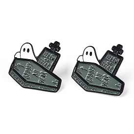 Alloy Enamel Brooches, Enamel Pin, for Halloween, with Rubber Clutches, Ghost with Coffin, Word Learn To Fear Spooky All Year, Cadet Blue