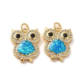 Brass Micro Pave Cubic Zirconia with Synthetic Opal Pendants, with Jump Ring, Owl
