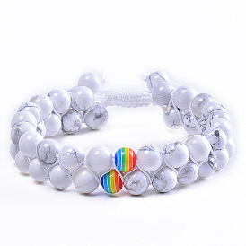 Natural White Turquoise Rainbow Beaded Double Strand Bracelet with Volcanic Rock and Tiger Eye Stone