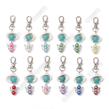 24 piezas 12 colores ángel acrílico y tortuga sintética turquesa y concha decoraciones colgantes, Dijes giratorios con cierres de garra de langosta para adornos de bolsos