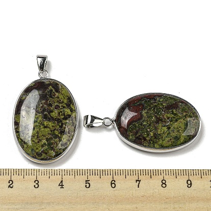 Natural Dragon Blood Jasper Pendants, Oval Charms with Platinum Plated Brass Edge and Iron Snap on Bails