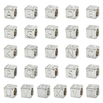 26 шт. 26 стили 304 европейские бусины из нержавеющей стали, бусины с большим отверстием, куб с письмом, цвет нержавеющей стали