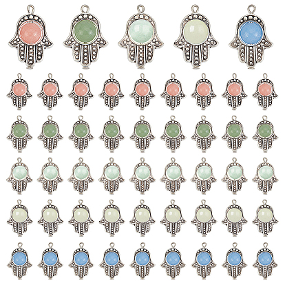 50Pcs 5 Colors Synthetic Luminous Stone Pendants, with Tibetan Style Alloy Bead Frames & Iron Flat Head Pins, Glow in the Dark, Hamsa Hands, Antique Silver & Platinum
