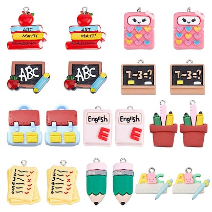 30 шт 10 стили подвески из непрозрачной смолы, с платиновыми железными петлями, Блокнот, карандаш, доска и сумка для ручек