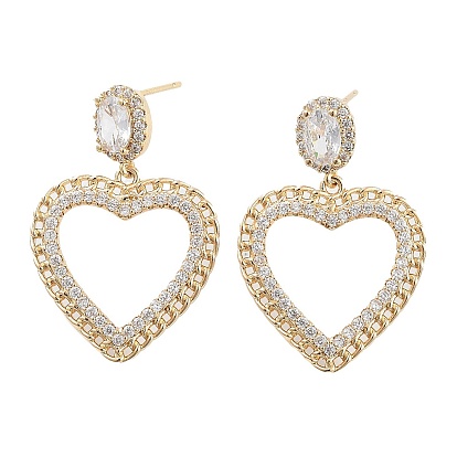 Brass with Glass Dangle Stud Earrings, Hollow Heart