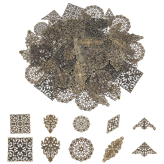 120Pcs 10 Styles Iron Filigree Joiners, Square Rhombus Triangle, Mixed Shapes, Etched Metal Embellishments