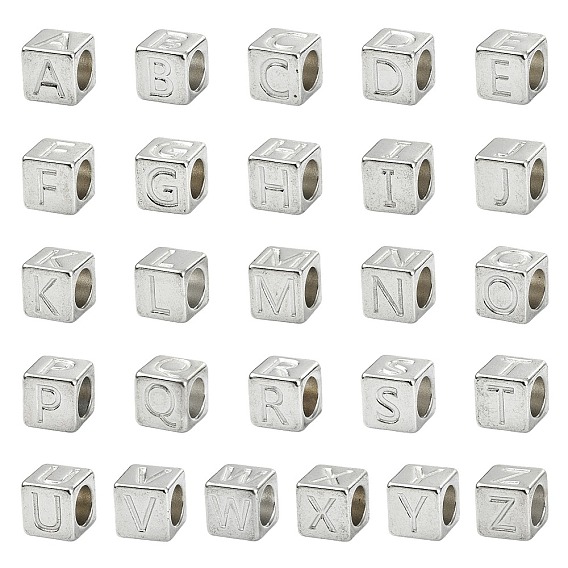 26 шт. 26 стили 304 европейские бусины из нержавеющей стали, бусины с большим отверстием, куб с письмом, цвет нержавеющей стали