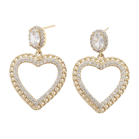 Brass with Glass Dangle Stud Earrings, Hollow Heart
