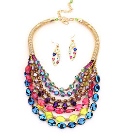 Наборы многослойных ожерелий и висячих сережек из сплавов, акрила и стекла, овальные, золотые