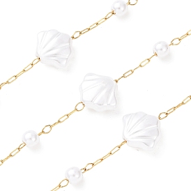 304 Цепи из нержавеющей стали и АБС-пластика с круглыми и ракушечными бусинами, ионное покрытие (ip), пайки, с катушкой