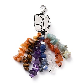 Natural Flower Amazonite & Red Agate & Tiger Eye & Red Aventurine & Sodalite & Quartz Crystal & Amethyst Big Tassel Pendants, with Stainless Steel Lobster Claw Clasps, Nuggets