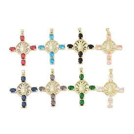 Real 18K Gold Plated Brass Micro Pave Cubic Zirconia Pendants, with Glass, Cross with Round