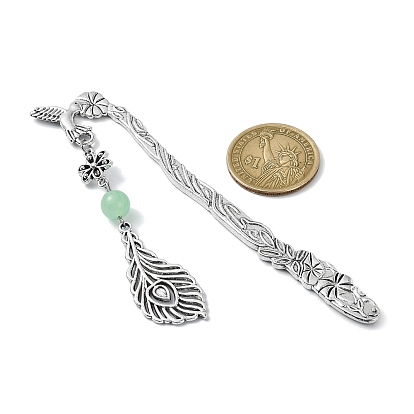 Natural & Dyed Malaysia Jade Round Beaded Alloy Bookmarks, Morning Glory Bookmark, Feather Pendant Book Marker